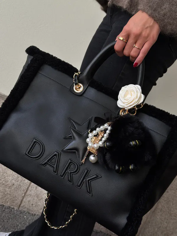 Dark LEATHER TOTE BAG W/SHEARLING BLACK