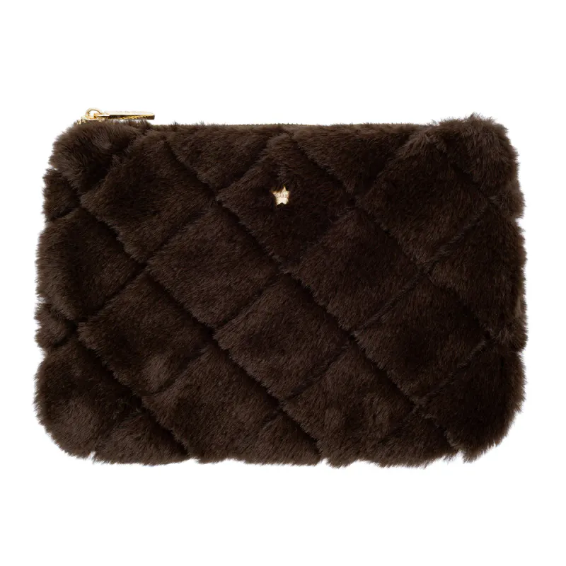 Dark FAUX FUR QUILTED SMALL POUCH CHOCOLATE BROWN