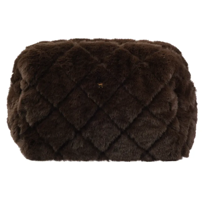 Dark FAUX FUR QUILTED MAKE-UP POUCH LARGE CHOCOLATE BROWN