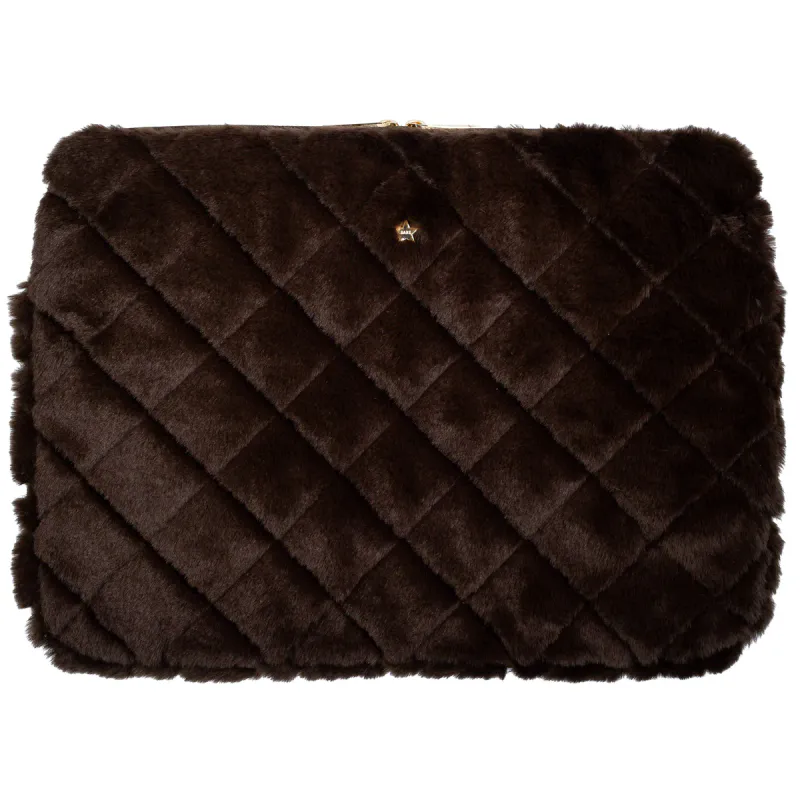 Dark FAUX FUR QUILTED MAC COVER CHOCOLATE BROWN