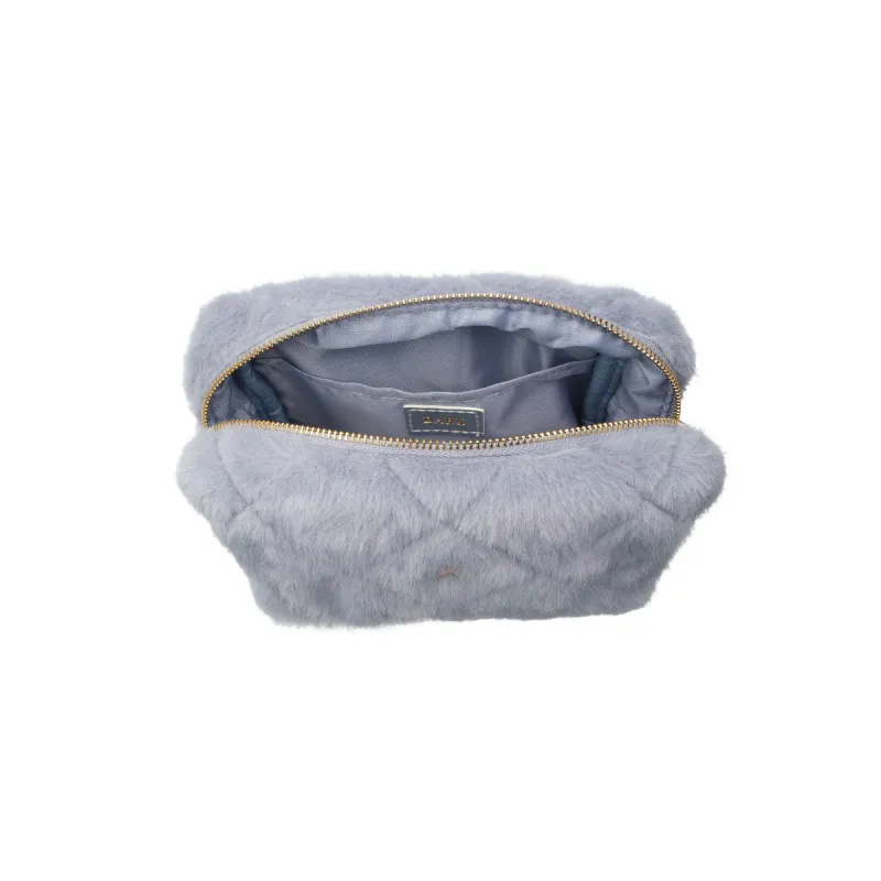 Dark FAUX FUR QUILTED MAKE-UP POUCH SMALL COOL BLUE