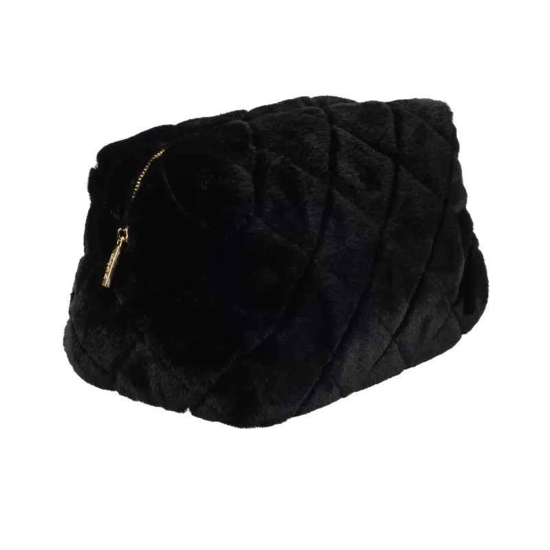 Dark FAUX FUR QUILTED MAKE-UP POUCH LARGE BLACK